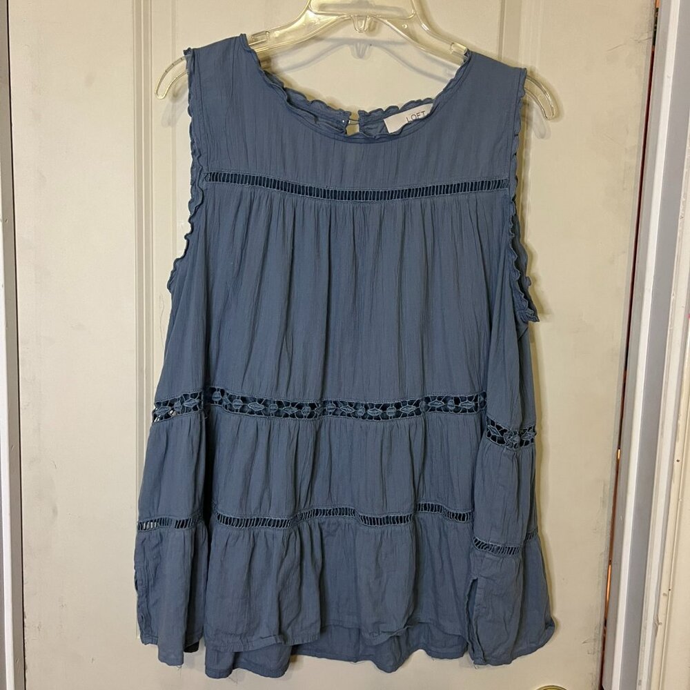 LOFT | Blue Tank Blouse with Lace inserts, size Large